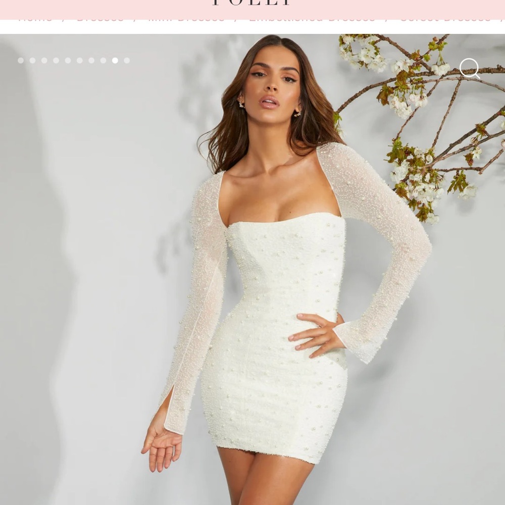 Oh Polly MILAN Long Sleeve Embellished Corset Mini Dress in Ivory